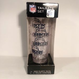 San Diego Chargers Plastic 16oz Pint Cups and Coasters Box Set - New